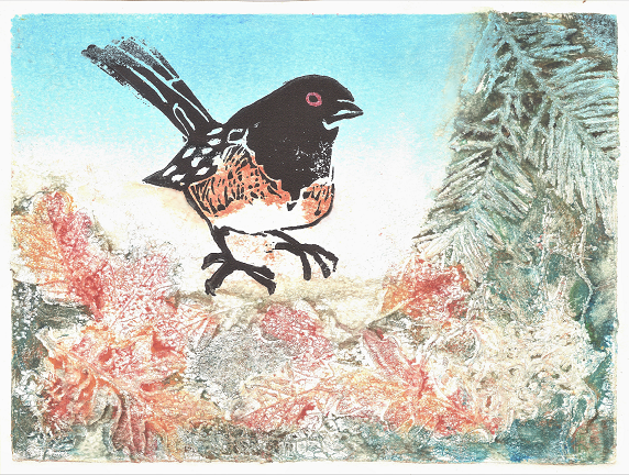 monoprint of a spotted towhee